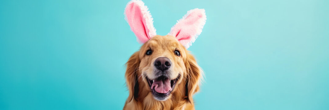 Banner with dog dressed in pink Easter bunny ears