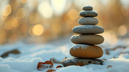 Winter outdoor background featuring a stack of pebbles or stones, offering room for copy space.
