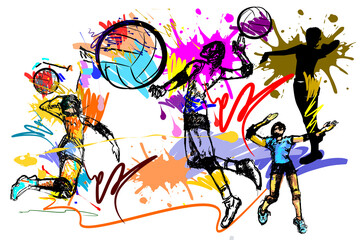 volleyball hit balls sport art and brush strokes style