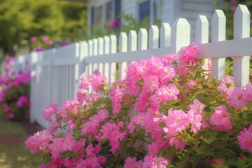 white picket pink flowers growing transparent fence good housekeeping subtle color variations nosey neighbors flowering vines shutters barriers shadows yard young header noon - obrazy, fototapety, plakaty