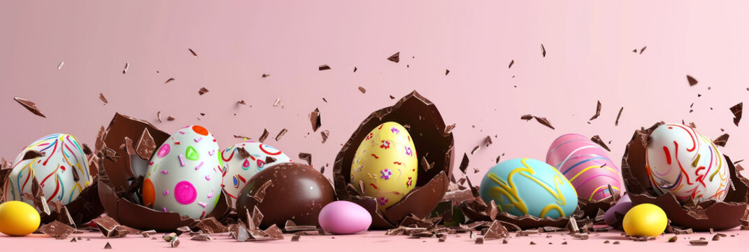 Banner with easter painted eggs in broken chocolate eggshell on pink background