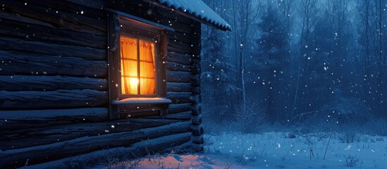 Winter night scene with a lit window in a wooden house.