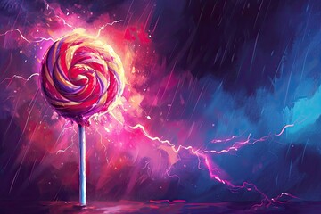 dramatic and artistic representation of a colorful swirled lollipop amidst a stormy backdrop
