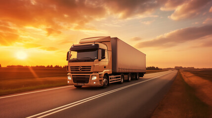 Truck with container on highway, cargo transportation concept. 