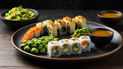 a veg food plate with an Asian fusion twist, featuring vegetable sushi rolls, tofu stir-fry, edamame, and a side of miso soup