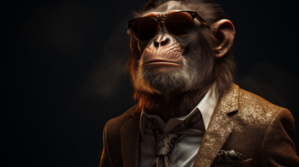 stylish monkey in trendy sunglasses and outfit.  fashionable portrait of anthropomorphic superstar chimpanzees. copy text space.