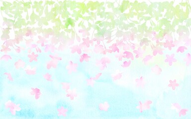 青空のもと、満開の桜の花が咲き乱れる様子を表した水彩イラスト。