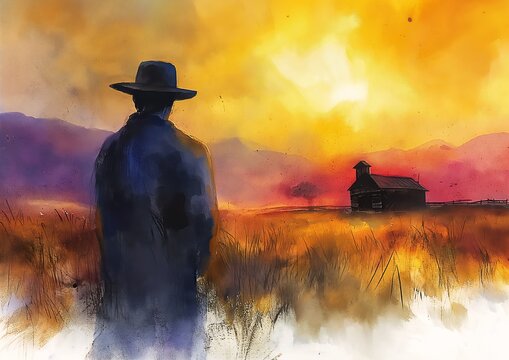 man hat standing field graphic novel cover fires glow lonely wild west town land different color streaming unforgiven witness watercolors posse features