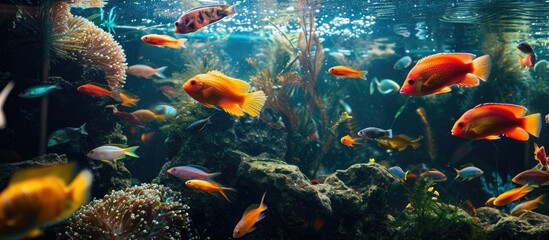 Obraz na płótnie Canvas Vibrant fish in a tank, showcasing underwater nature and wildlife.