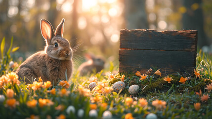 Easter bunny in spring garden with wooden sign and colorful eggs amidst blooming flowers at sunrise...