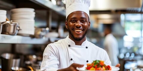 A cheerful African American chef presenting a delicious dish with a proud smile - obrazy, fototapety, plakaty