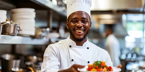 Fotobehang A cheerful African American chef presenting a delicious dish with a proud smile © StockWorld