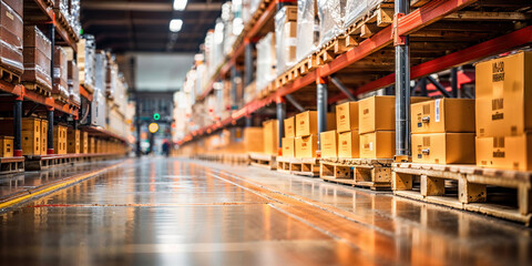 Huge logistics warehouse with big shelfs packed with cardboard boxes - obrazy, fototapety, plakaty