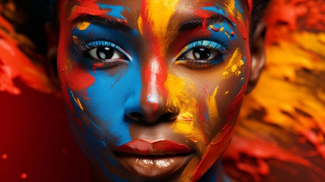 Fashion Model black Girl colorful face paint. Beauty fashion art portrait of beautiful african american woman with flowing liquid paint, abstract makeup. Vivid paint make-up, bright colors