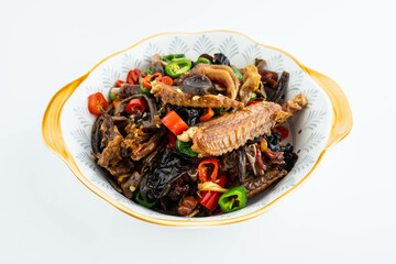 A plate of cured chicken with fungus mushrooms