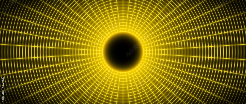 Poster Yellow glowing wireframe tunnel. Neon gold wormhole in dark space. Grid tunnel in perspective. Funnel or portal illusion. Circular mesh structure tube. Vector optical illusion art