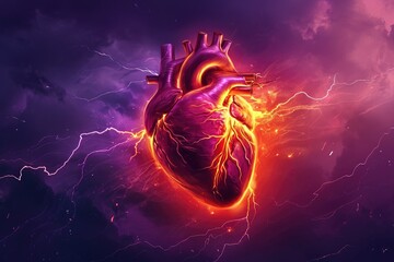 human heart surrounded by electric currents - obrazy, fototapety, plakaty