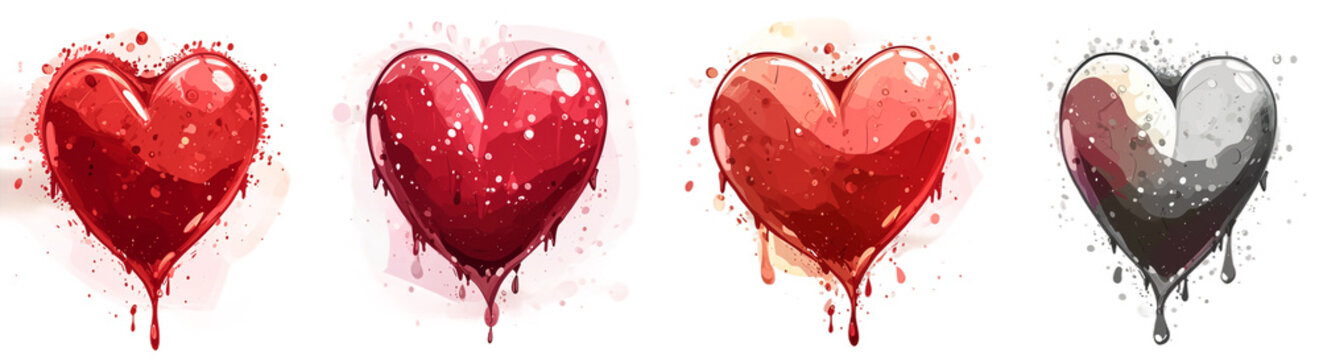 Hand-drawn grunge hearts with splashes, ideal for romantic occasions like Valentine's Day or design elements.