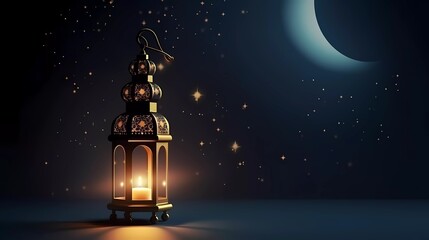 Obraz na płótnie Canvas Ramadan Eid background with star crescent moon lights, moon decorative elements and lanterns. generative ai