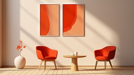 Modern room with two posters, white walls, wooden floor, vase, dark red chairs and table. Created with Ai