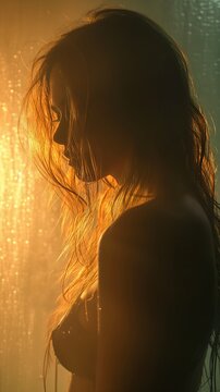 Woman Long Hair Black Bra Top Backlit Favorite Deep Light Scattering Blond Gold Raining Background Chase Solitude Disrobed Lost Lucid Dream Waxy Skin