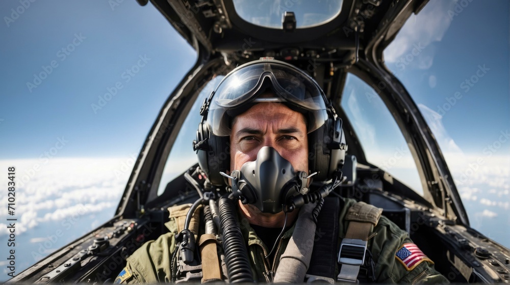 Poster a man in a fighter jet with a mask on. generative ai.