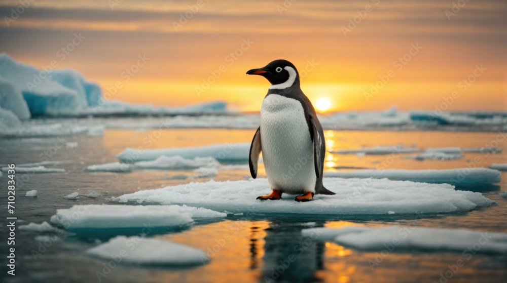 Poster a penguin standing on an ice floe with the sun setting behind it. generative ai.