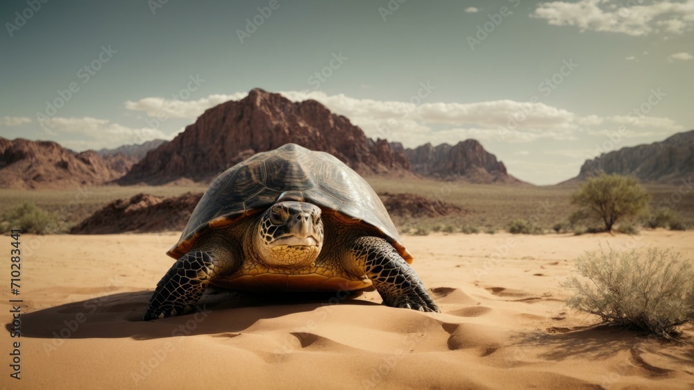 Poster a turtle in the desert with mountains in the background. generative ai.