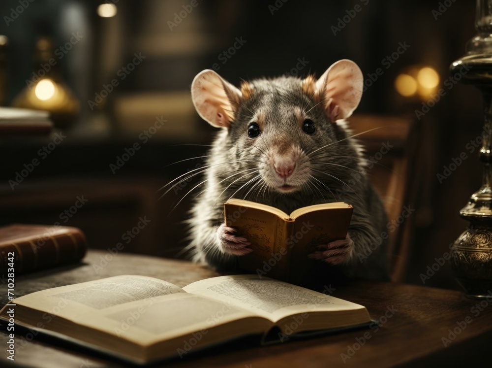 Poster a rat is reading a book on a table. generative ai.