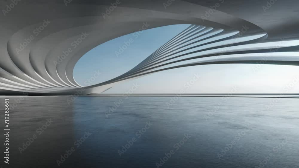 Poster 3d render of abstract wavy futuristic architecture with concrete floor.