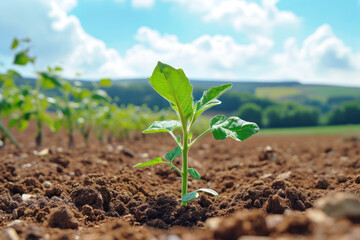 Young plant growing in a field at spring time