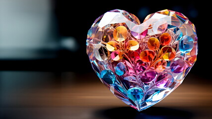 Colorful crystal heart Reflects beautifully and outstandingly. There is a space for copy text. Suitable for making greeting cards on occasions related to love. It shows a beautiful but fragile love. - obrazy, fototapety, plakaty