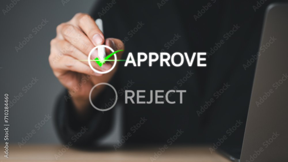 Aufkleber businessman write or tick correct mark to approve document or project. application for certificate. 
