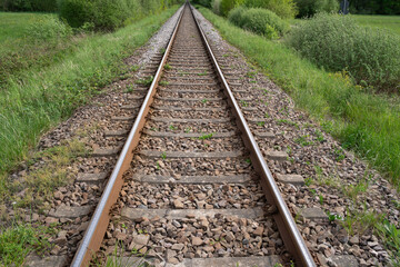 Fototapeta na wymiar Railway tracks with grass and bushes in the landscape