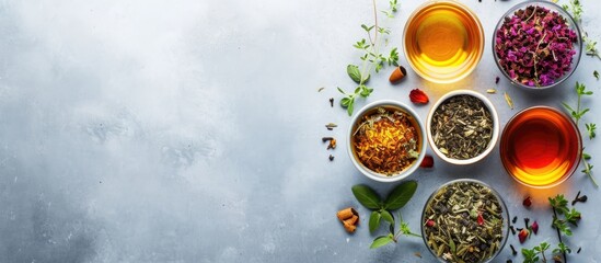 Different herbal teas made from natural herbs, showcased from above with room for text. - Powered by Adobe
