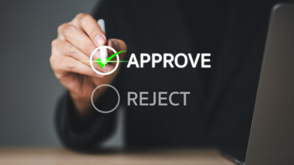 Businessman write or tick correct mark to approve document or project. Application for certificate. Quality management and assurance. Business certification, Pass inspection, accept approved, survey,