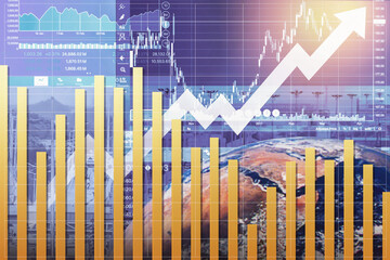 Global Economic growth background with candlesticks chart and golden bar graph show arrow up symbol of successful data for worldwide economy. Earth image furnished by NASA. - 710284608