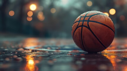 Basketball background with copy space, featuring a close-up highlight of the basketball.
