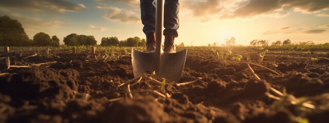 Agriculture, farmer agronomist walks through corn field at sunset. man works shovel in field.farming concept. eco.farmer farmland. - obrazy, fototapety, plakaty