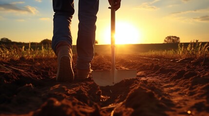 Agriculture, farmer agronomist walks through corn field at sunset. man works shovel in field.farming concept. eco.farmer farmland. - obrazy, fototapety, plakaty