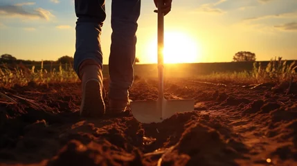 Poster Agriculture, farmer agronomist walks through corn field at sunset. man works shovel in field.farming concept. eco.farmer farmland. © Amonthep