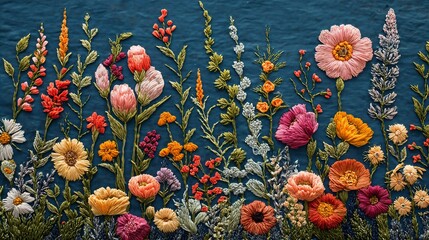 closeup embroidered flower border blue background scene rugs phenomenally - obrazy, fototapety, plakaty