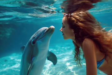 Beautiful girl with long brown hair swims with a dolphin underwater