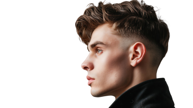 Portrait of a man with modern haircut on the sideview, isolated on transparent background