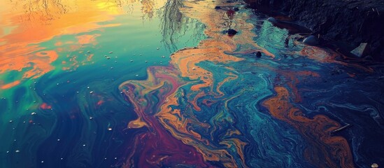 Fototapeta na wymiar The vibrant hues of an oil spill by a lake.