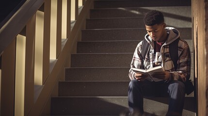 African American university student repeats lectures while sitting on the stairs.