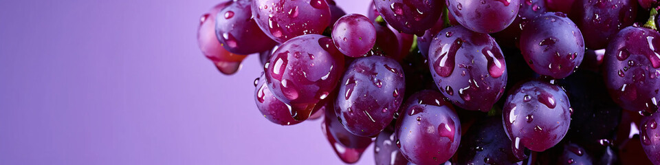 a fresh grape with a dewy surface on the air in a purple background for a banner, wine label, copy...