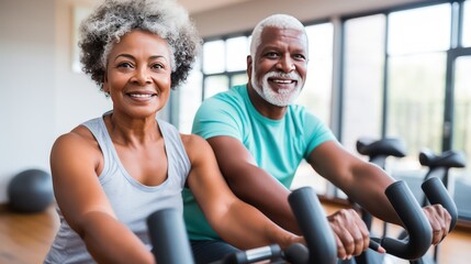 Senior African American couple during a cycling workout in a gym. Training on exercise bikes in small groups under the guidance of an experienced trainer. Workout together. - obrazy, fototapety, plakaty