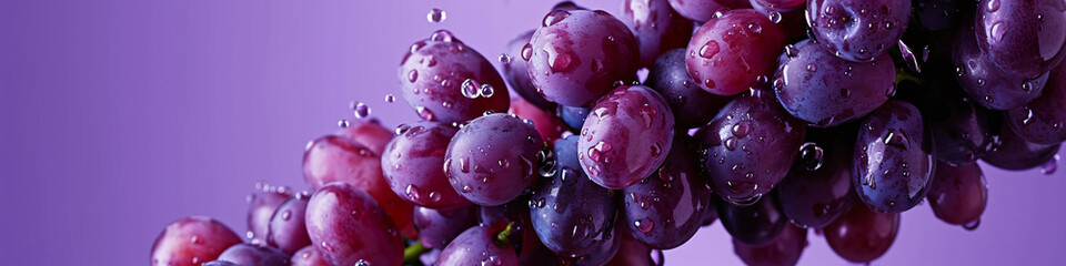 a fresh grape with a dewy surface on the air in a purple background for a banner, wine label, copy space - Powered by Adobe