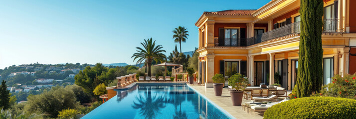 Fototapeta na wymiar Banner with luxury villa with large swimming pool